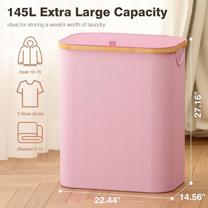 Hampers for Laundry Basket with Lid, 145L Extra Large 3 Section Clothes Divided Organizer for Bedroom, Laundry Room, Dirty Clothing Hamper, Pink