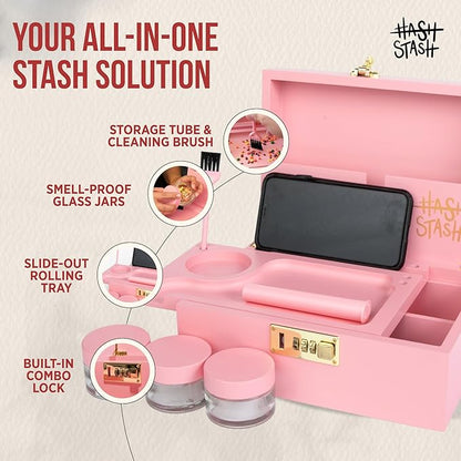 HASHSTASH The OG Storage Box - Large Bamboo Box with Combination Lock, Magnetic Lid, Organizer Tray, Tube, Brush and 3 Jars - Discreet Decorative Stash Storage Lock Box with Accessories (Pink/Gold)