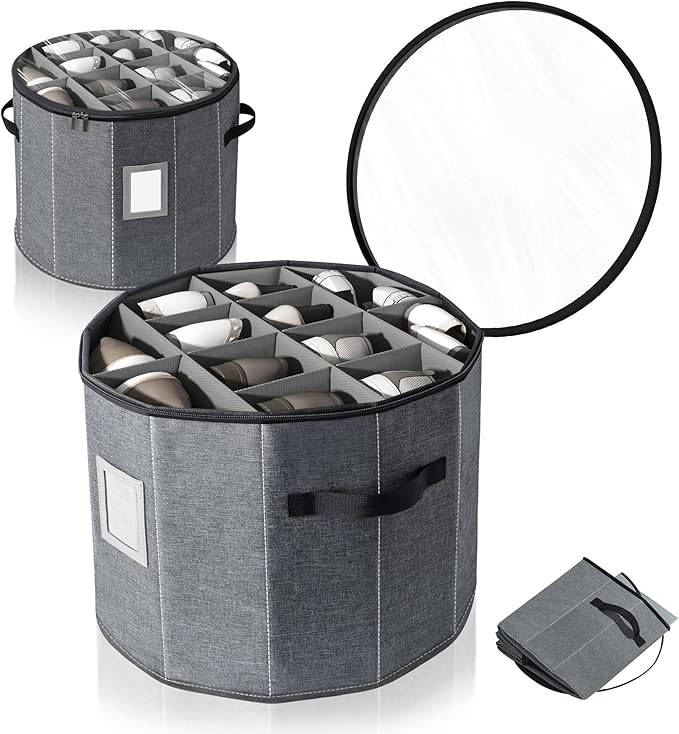 Shoe Storage Box for Women – 15.7" x 13" Grey Round Cylindrical Boot Organizer with Clear Lid, Foldable Closet Shoe Box with Adjustable Dividers, Space-Saving Design Fits Heels, Sneakers & Ankle Boots
