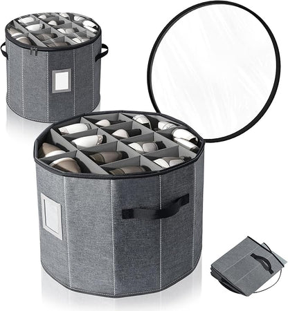 Shoe Storage Box for Women – 15.7" x 13" Grey Round Cylindrical Boot Organizer with Clear Lid, Foldable Closet Shoe Box with Adjustable Dividers, Space-Saving Design Fits Heels, Sneakers & Ankle Boots