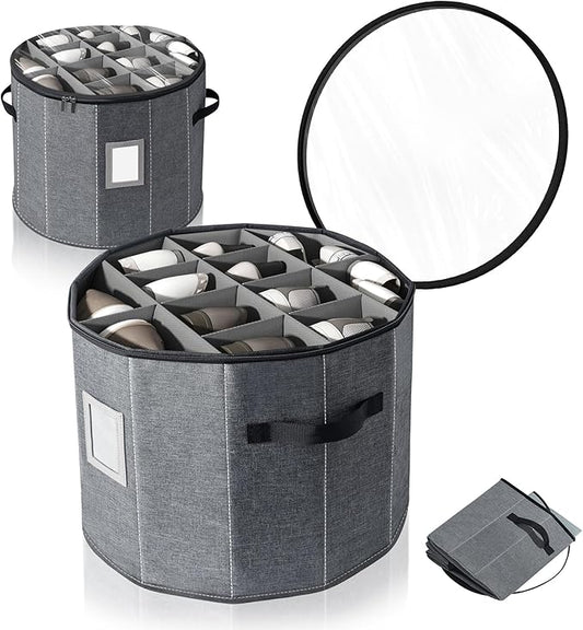 Shoe Storage Box for Women – 15.7" x 13" Grey Round Cylindrical Boot Organizer with Clear Lid, Foldable Closet Shoe Box with Adjustable Dividers, Space-Saving Design Fits Heels, Sneakers & Ankle Boots