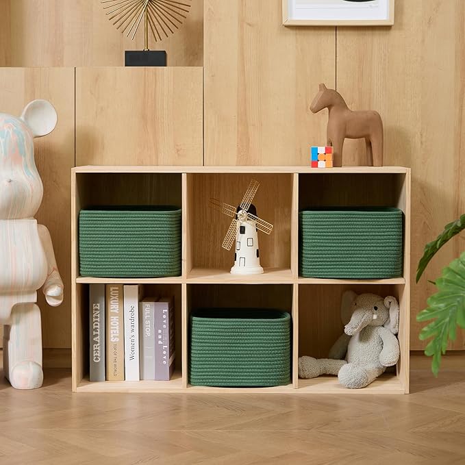 MiniArk Small Organizing Baskets for Cubes Shelf, 9.7x9.7x7.1 Inch Rope Woven Storage Bins for Nursery Shelves Storage, Cute Toy Basket, Square 3 Packs Green