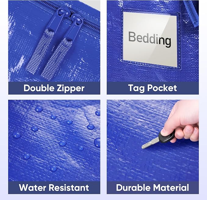 TICONN 4 Pack Extra Large Moving Bags Heavy Duty with Zippers & Carrying Handles, Durable Storage Bags Moving Boxes for Closet Organizers and Storage (4 Pack, Blue)