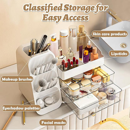 LZDMY Makeup Organizer Countertop, Vanity Organizer with Brush Holder, Cosmetic Display Case with Drawers, Skincare Organizer for Dresser, Bathroom, Makeup Storage Holder for Women Christmas gifts