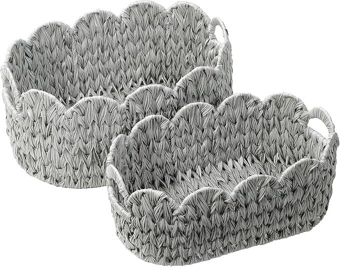 Coeusy Wicker Scalloped Basket Set of 2,Woven Storage Baskets for Shelves,Closet,Laundry,Gift,Towels,Books,Toys,Waterproof Cute Decor Basket for Organizing,Grey