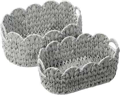 Coeusy Wicker Scalloped Basket Set of 2,Woven Storage Baskets for Shelves,Closet,Laundry,Gift,Towels,Books,Toys,Waterproof Cute Decor Basket for Organizing,Grey