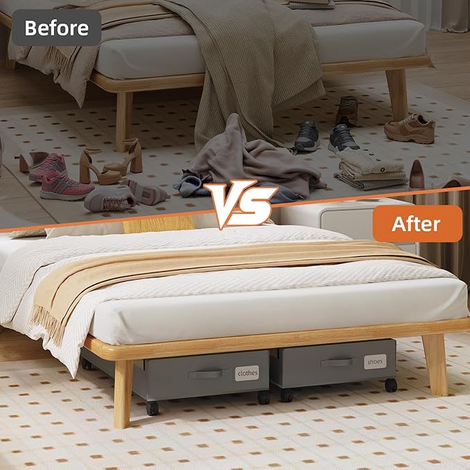 Somdot Under Bed Storage with Wheels, 2 Pack Bed Storage Containers with Dividers & Clear Lids, Easy Pull-out Metal Drawer for Clothes, Shoes,Toys, Blankets (Charcoal Grey)