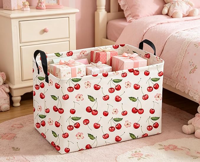 Sanjiaofeng Rectangular Kids Baskets,Pink Cherry Storage Bin,Kids Storage Bins,Collapsible Storage Bin Cute Organizer Box Books Box,Gift Basket,Girl Room Decor(Cherry)