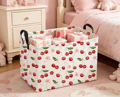 Sanjiaofeng Rectangular Kids Baskets,Pink Cherry Storage Bin,Kids Storage Bins,Collapsible Storage Bin Cute Organizer Box Books Box,Gift Basket,Girl Room Decor(Cherry)