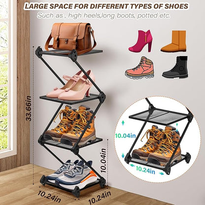 Vertical Shoe Rack 4 Tier Small Shoe Rack Shelf for Entryway Tall Narrow Shoe Organizer Metal Shoe Storage for Closet,Front Door Entrance, Living Room, Black