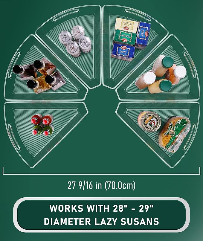 JEISSLIA Lazy Susan Cabinet Organizer Bins for 26"/ 28"/ 32" Diameter Corner Organizer, Plastic Cabinet Storage Bin, 1/8 Wedge - Food Safe, BPA Free, with Non-Slip Pads (for 28" Diameter, 6 Pack)