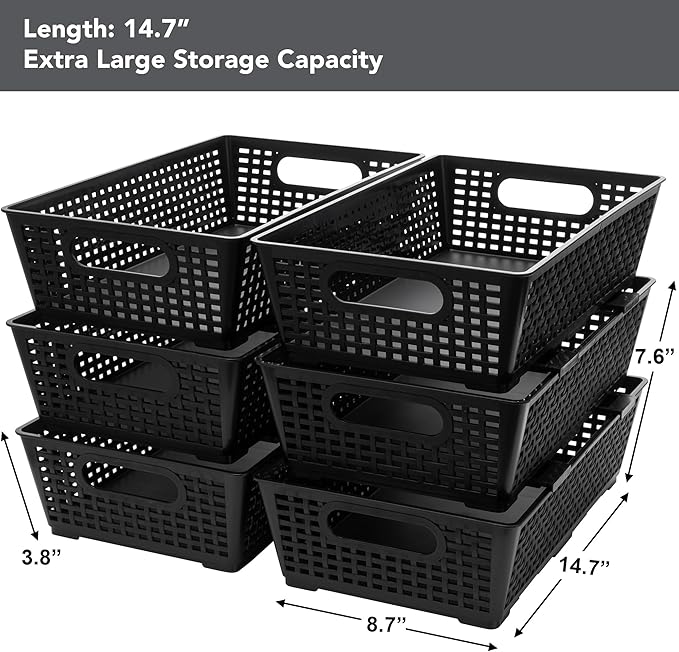 Tiawudi Stackable Woven Plastic Basket, Storage Bins for Cabinet, Closet, Shelf, Under Sink and Countertop, Pantry Organizer Bins, 6 Pack