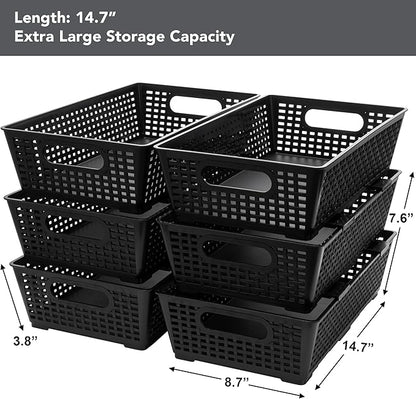 Tiawudi Stackable Woven Plastic Basket, Storage Bins for Cabinet, Closet, Shelf, Under Sink and Countertop, Pantry Organizer Bins, 6 Pack
