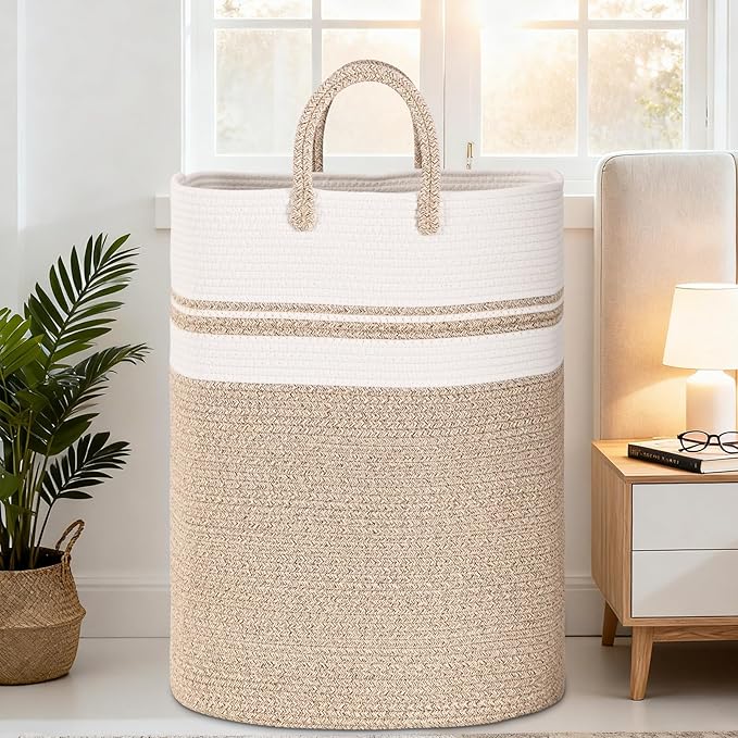 Woven Laundry Basket for Clothes, 80 L Large Rectangle Laundry Hampers with Beads Tassel, Nursery Storage Basket for Toys, Tall Dirty Clothes Hamper for Bedroom Aesthetic, Laundry Room Organization