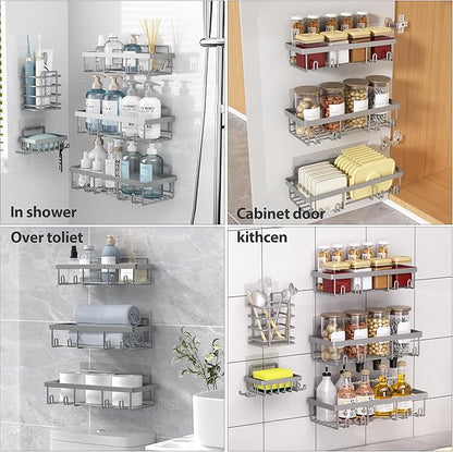 Liuoud 5 Pack Shower Caddy Organizer Rack Shelf for Inside Shower, Self Adhesive Bathroom Wall Storage Basket Rustproof Stainless Steel Large Capacity Shampoo Holder, Grey