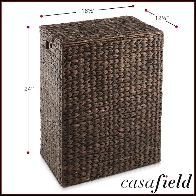 Casafield Large Laundry Hamper with Lid and Removable Liner Bag - Espresso Dark Brown, Woven Water Hyacinth Rectangular Laundry Basket Clothes Sorter