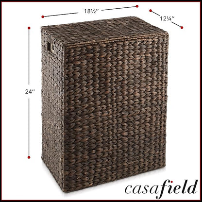 Casafield Large Laundry Hamper with Lid and Removable Liner Bag - Espresso Dark Brown, Woven Water Hyacinth Rectangular Laundry Basket Clothes Sorter
