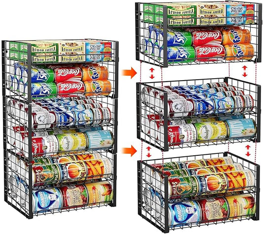 JKsmart 2-Tier Stackable Rack Organizer for Pantry, Adjustable Dispenser Holds Up to 88 Cans, Storage Holder for Various Ounces of Canned Drinks, Black, 3 Pack