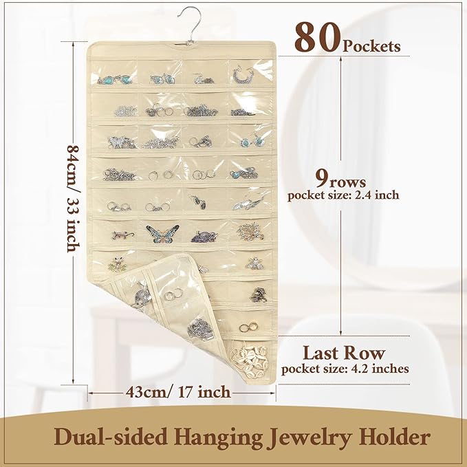 Kenning 6 Pcs Hanging Jewelry Pocket Organizer Storage Roll with 80 Pockets, Dual Sided Hanging Women Jewelry Holder Accessories Holder Closet Earring Storage for Necklace Bracelet Ring