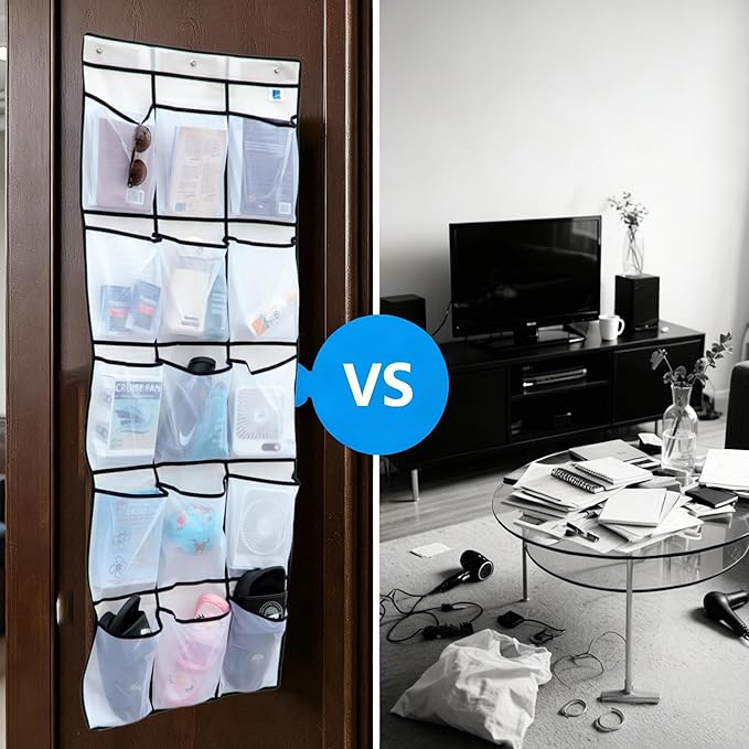 Cruise Magnetic Door Organizer with Hooks, Over the Door Organizer for Cruise Ship Cabins, 15 Mesh Pockets, Magnetic Shoe Organizer, White, 60 x 24 in