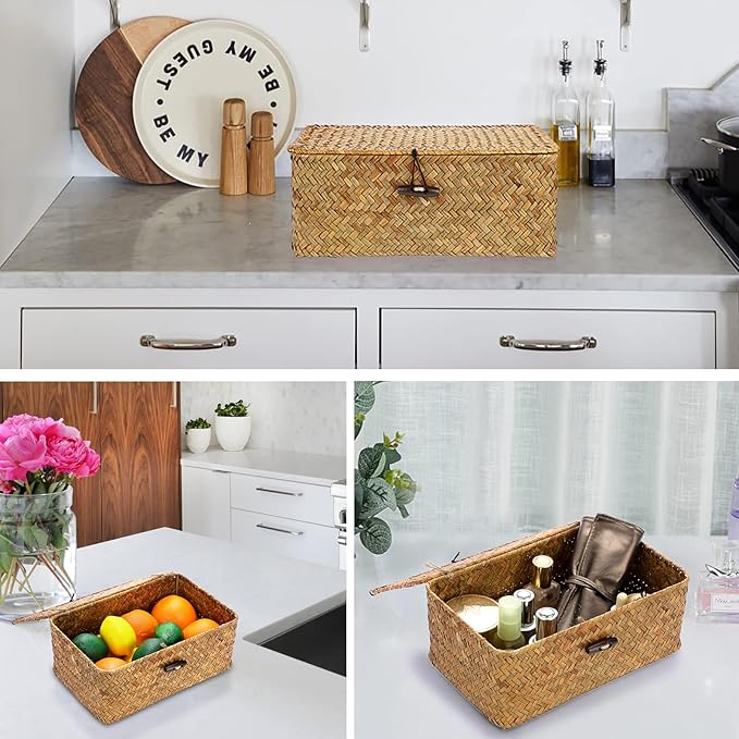 Hipiwe Wicker Shelf Baskets Bin with Lid, Handwoven Seagrass Basket Storage Bins Rectangular Household Basket Boxes for Shelf Wardrobe Home Organizer, Caramel Small