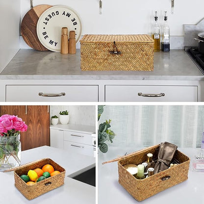 Hipiwe Wicker Shelf Baskets Bin with Lid, Handwoven Seagrass Basket Storage Bins Rectangular Household Basket Boxes for Shelf Wardrobe Home Organizer, Caramel Small