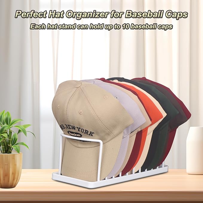Hat Organizer for Baseball Caps - 2 Pack Space Saving Hat Stand Hold 20 Caps - Premium Metal Hat Rack for Baseball Caps Display & Organizer - No Install Hat Holder for Closet