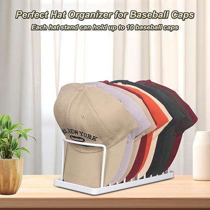 Hat Organizer for Baseball Caps - 2 Pack Space Saving Hat Stand Hold 20 Caps - Premium Metal Hat Rack for Baseball Caps Display & Organizer - No Install Hat Holder for Closet