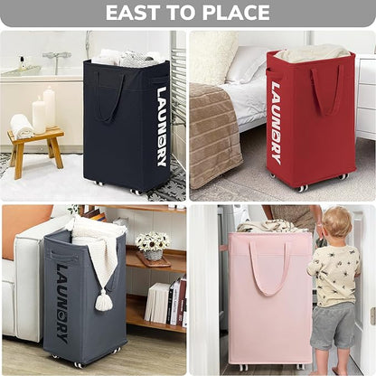 Goodpick Laundry Basket with Wheels,75L Large Roolling Laundry Basket with Removable Wash Bag, Clothes Hamper with Wheels for Laundry Room, Red