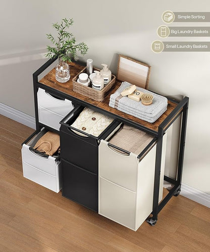 HOOBRO Laundry Sorter with 4 Section, 39 Gal. (147 L) Laundry Hamper with Wheels, Rolling Laundry Basket with Shelf, Pull-Out Detachable Bags, Side Pockets, Rustic Brown, Black and Beige BFE14XY01N1