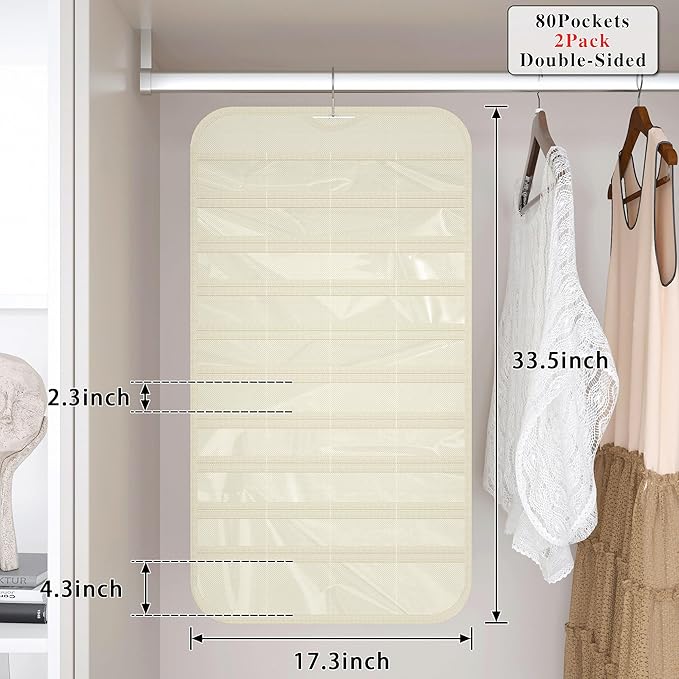 2 Pack Hanging Jewelry Organizer 80-Pocket Dual-sided Jewelry Storage for Earring Necklace Bracelet Ring Travel Holder, Beige