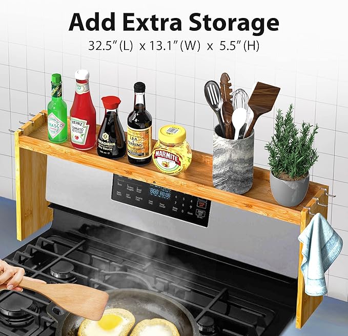 IIIOIIIA Bamboo Over the Stove Spice Shelf for Kitchen, 31.5" Spice Rack Organizer Shelf with 6 hooks, 11.4" Height Extra Storage Countertop, Easy to Assemble