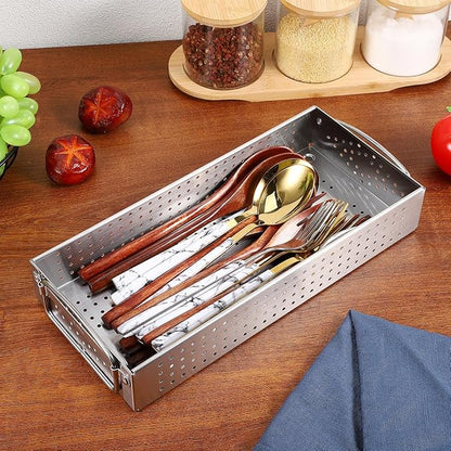 Hemoton Stainless Steel Utensil Holder Large Capacity Chopsticks Storage Case Kitchen Cutlery Organizer Drainage Box for Countertop 11.93X5.39X1.97 Inches