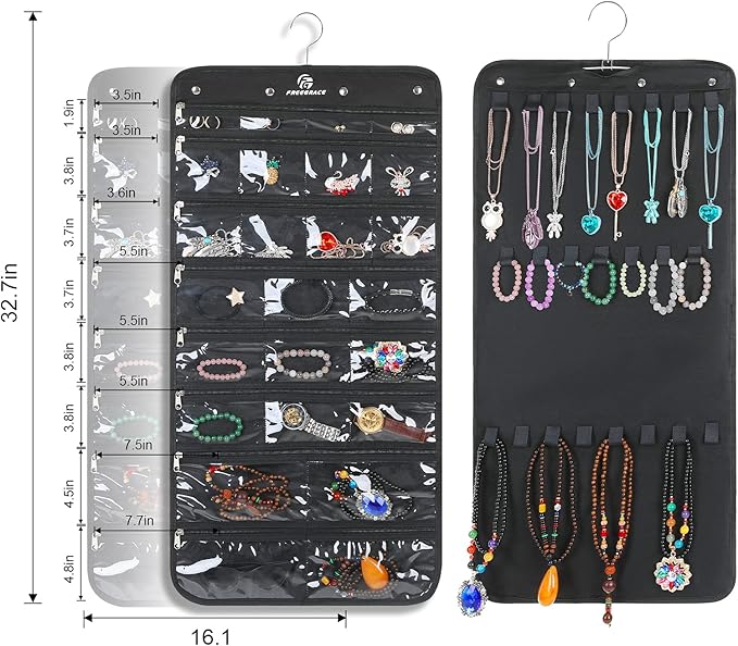 Freegrace Hanging Jewelry Organizer with Secure Zipper Closure - 360° Revolving Hanger, 25 Clear Pockets, 23 Necklace Hooks - Foldable Travel Storage & Closet Display (Black)