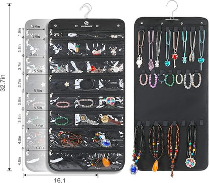 Freegrace Hanging Jewelry Organizer with Secure Zipper Closure - 360° Revolving Hanger, 25 Clear Pockets, 23 Necklace Hooks - Foldable Travel Storage & Closet Display (Black)