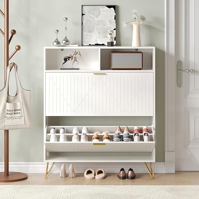 Fluted Shoe Cabinet Storage for Entryway, 39'' Large White Shoe Organizer with 2 Flip Drawers & Open Shelf, Freestanding Hidden Shoe Storage Cabinet