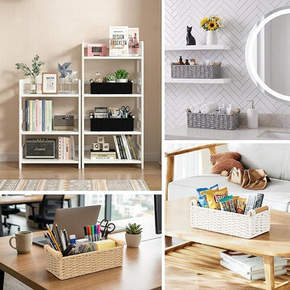 Boho Cotton Rope Storage Baskets Set of 2, Woven Wicker Organizer Bins with Wooden Handles, Small Decorative Boxes for Organizing, Toilet Paper Baskets for Bathroom Countertop, Shelves (Black 2 Pack)