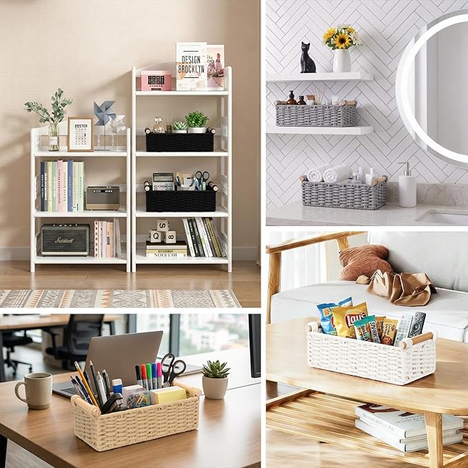 Boho Cotton Rope Storage Baskets Set of 2, Woven Wicker Organizer Bins with Wooden Handles, Small Decorative Boxes for Organizing, Toilet Paper Baskets for Bathroom Countertop, Shelves (Gray 2 Pack)