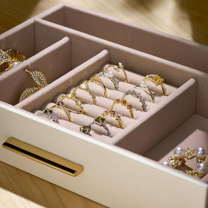 pickpiff Jewelry Box Organizer Case for Women: 4-Layer Jewelry Storage Case with Glass Window, Ivory Leather with Pink Velvet, Holder for Ring Necklace Bracelet Brooch Watch, Great Gift for Her