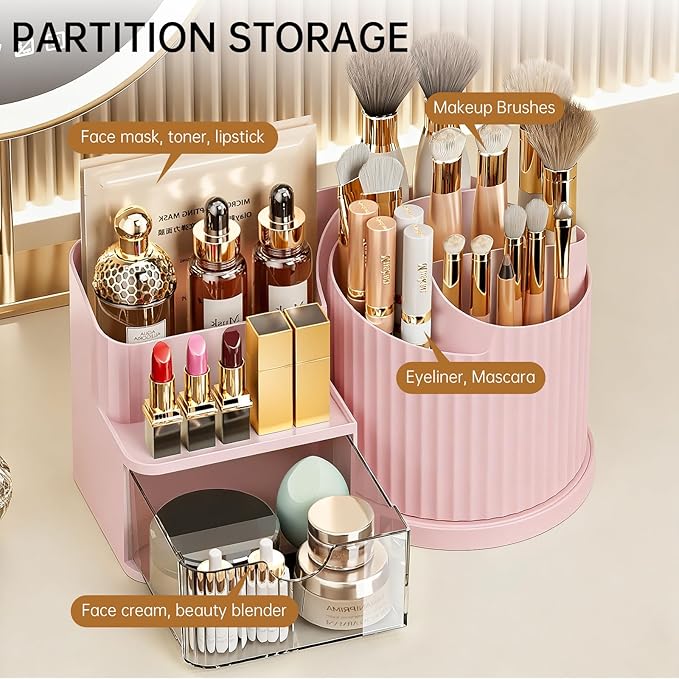 Anyoifax 360 Rotating Makeup Brush Holder Organizer with Drawer 5 Slots Make Up Brushes Cup Flower-Shaped Spinning Pen Holder for Vanity, Cosmetics, Lipsticks, Pink