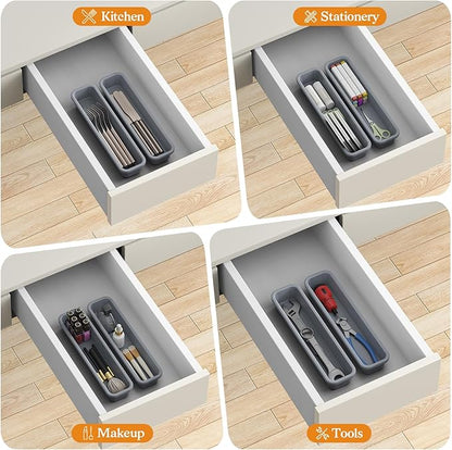 2 Pack Silicone Silverware Organizer, DIY Free Combination Utensil Drawer Organizer, Silverware Drawer Organizer, Flatware Cutlery Tray for Spoons Forks, Anti-slip Design (Grey)