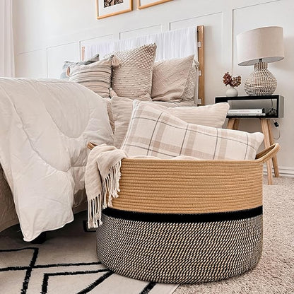 CHICVITA XXL Extra Large Cotton Rope Woven Basket, Throw Blanket Storage Basket with Handles, Decorative Clothes Hamper - 22" x 22" x 14", Brown&Black
