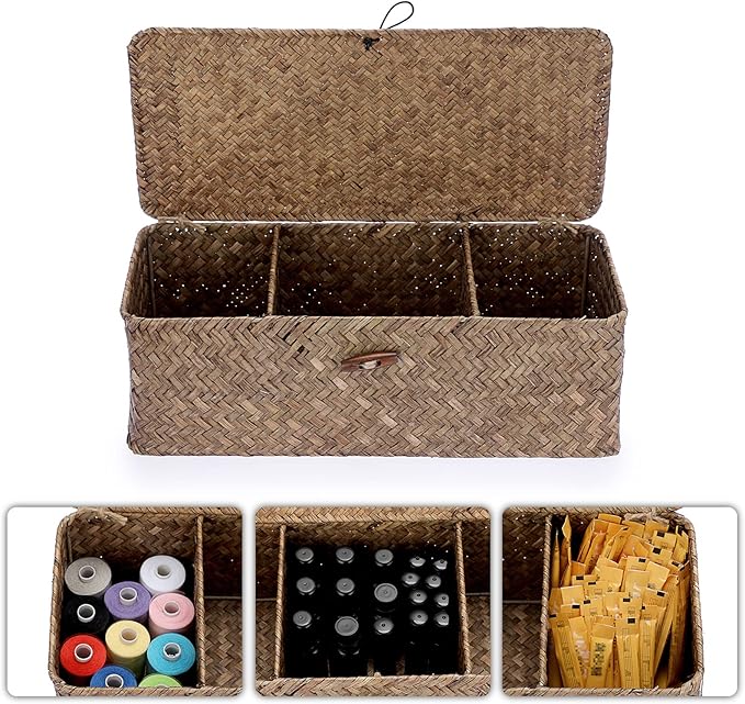 Hipiwe Storage Basket with Lid Toilet Tank Basket Holder Handwoven Wicker Basket Home Organizer Bin for Shelves Bathroom Closets Kitchen, Coffee