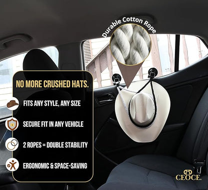 Car Cowboy Hat Holder for Truck – Easy-to-Use, Cotton Rope, Strong Suction Car Hat Holder Cowboy, Western Style – Keeps Gear Safe from Damage. (3-Pack)