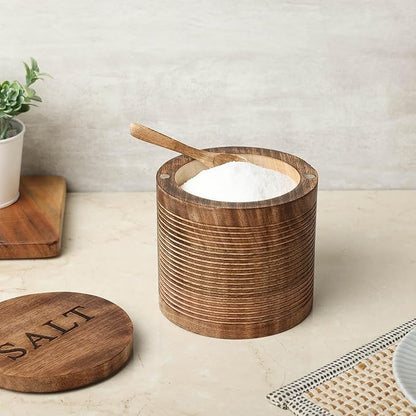 dudki Wooden Salt Box (5 inch x 5 inch) with Magnetic Lid With Wooden Spoon| 800 ML Round Container| Bowl Pot Jar | Textured Salt Box| Kitchen Home| Seasonings