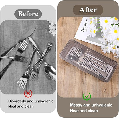 3Pcs Flatware Tray with Lid and Drainer Silverware Tray Kitchen Dinnerware Holder Box Utensil Storage Container Drawer Organizer for Home and Travel