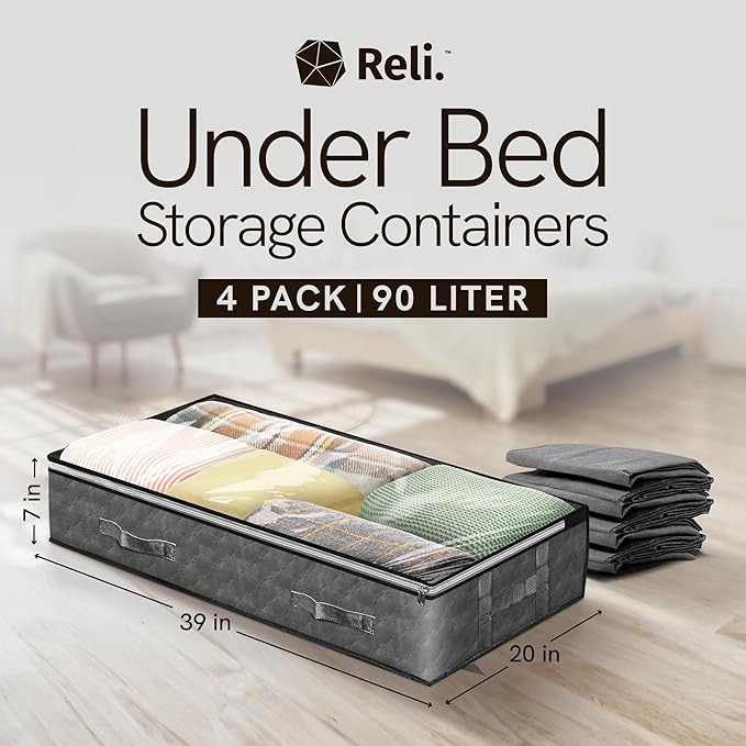 Reli. 90L Under Bed Storage Containers (4 Pack) | Closet Organizer with Clear Window | Underbed Storage Bins for Towels, Sweaters, Linens | Large Organizer for Closet (Gray)