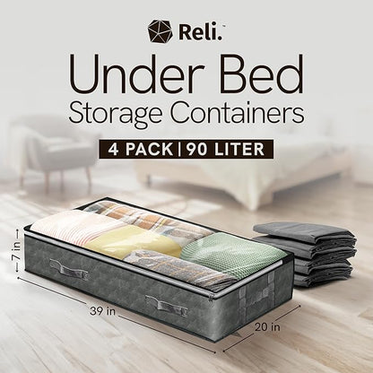 Reli. 90L Under Bed Storage Containers (4 Pack) | Closet Organizer with Clear Window | Underbed Storage Bins for Towels, Sweaters, Linens | Large Organizer for Closet (Gray)