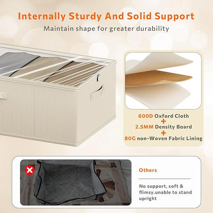 10inch 3 Pack Under Bed Storage Containers, 10 Inch Tall Underbed Clothes Storage Organizer Bin with Clear Window，Foldable Box Basket for Clothes, Closet, Bed Sheets and Blankets Beige