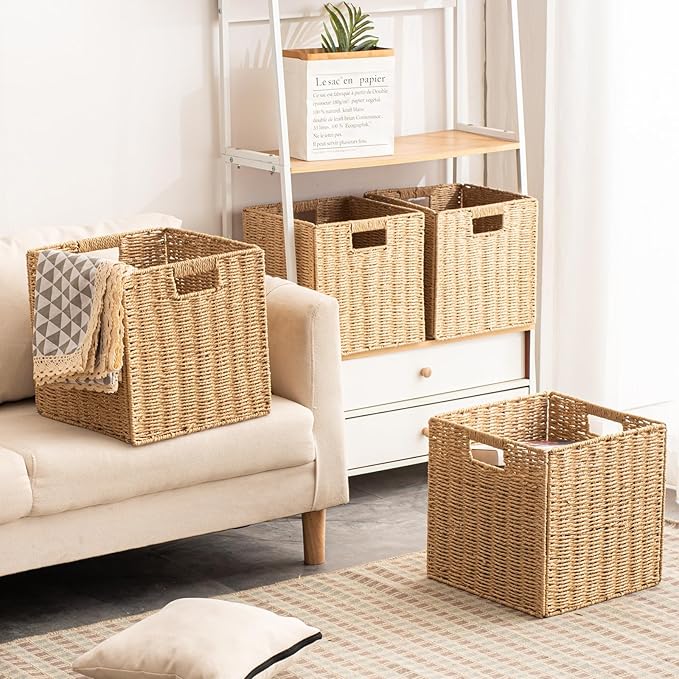 Foldable Storage Baskets with Handles Paper Rope Storage Baskets Rectangle Collapsible Hand Woven Storage Cubes Bins for Organizing Shelves Living Room Bedroom Pantry (4, 11'' x 11'' x 11'')